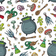 Seamless pattern of Magician and alchemy tools: mandrake, crystal, roots, potion, feather, mushrooms, spoon. Halloween collection of witchcraft tools. Doodle vector illustration isolated on white