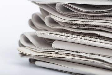 Newspapers folded and stacked. Pile of old newspapers on a white background