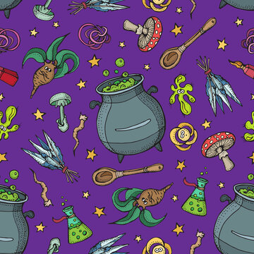 Seamless pattern of Magician and alchemy tools: mandrake, crystal, roots, potion, feather, mushrooms, spoon. Halloween collection of witchcraft tools. Doodle vector illustration on purple background