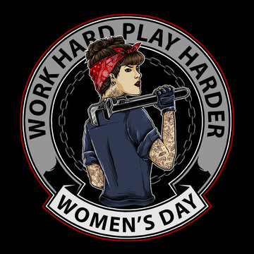 tattooed woman with rockabilly mechanic style holding a wrench, with chain and flame circle background