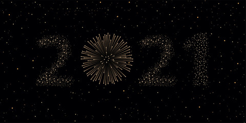 Firework 2021 New year concept on black night sky background. Christmas card. Congratulations or invitation background. Vector illustration