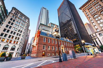 Boston, Massachusetts, USA Old State House and cityscape.