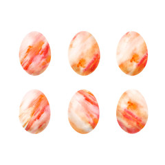 Orange and red oval holiday eggs with abstract patterns. Set of watercolor easter eggs with marble texture on a white background.