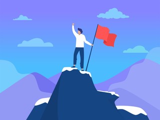 Man standing on top of mountain with flag,  sucess leadership, vector illustration concept, Business man reach goal,  can be used for landing page, template, ui, web, homepage, poster, banner, flyer
