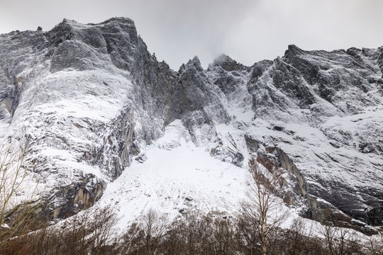 Trollveggen (Troll Wall)'s highest vertical rock face, Romsdalen Valley, in winter, More Og Romsdal