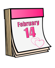A tear-off calendar with the holiday date February 14 and two hearts - Valentine's Day. Calendar- Valentine's Day -vector picture.