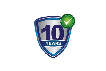 Blue metallic 10 year warranty shield with circle green check