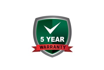 Green metallic 5 year warranty shield with red ribbon