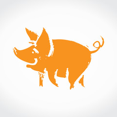 Pig imprint. Hand drawn illustration with yellow pig. Vector template. 