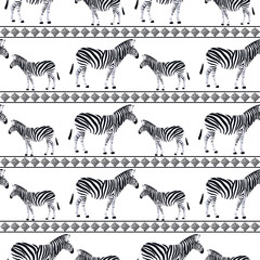 Two zebras seamless pattern. Animal texture black and white. Jungle exotic background. African textile ornament for Fashion design.
