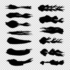 Black textured abstract brush strokes isolated on imitation transparent background