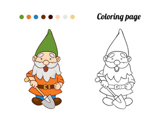 Illustration of cute garden gnome with a shovel. Coloring page or book for baby.