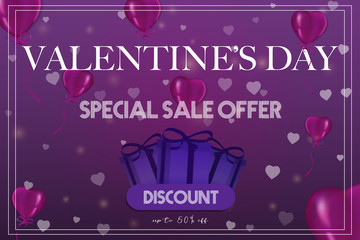 Naklejka premium Happy Valentine’s day sale offer banner background. Valentine gift flyer, advertisement discount. Discount price vector illustration with blur heart decoration, for invitation, wallpaper, web