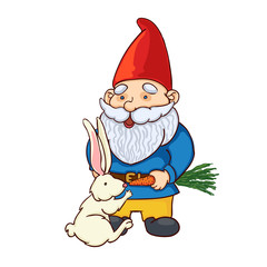 Vector colorful illustration of garden gnome feed the rabbit. Cute fairytale character