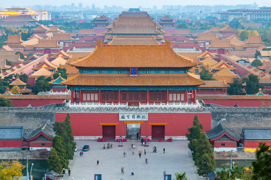 View of the Forbidden City, from Jingshan Park at sunset, Xicheng, Beijing