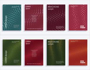 Minimalistic cover design templates. Set of layouts for covers of books, albums, notebooks, reports, magazines. Line halftone gradient effect, flat modern abstract design. Geometric mock-up texture