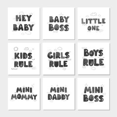 Vector set of illustrations with hand drawn lettering - Kids Rule. Black and white typography design in Scandinavian style for postcard, banner, t-shirt print, invitation, greeting card, poster