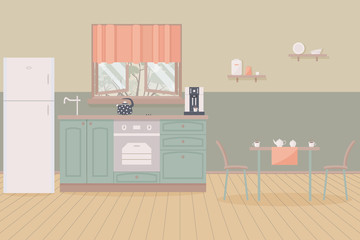 Kitchen home cute country interior. Indoor furniture and equipment: fridge and stove and cupboard and shelves, table, cups of tea,kettle, coffee machine, sink, faucet.Vector illustration