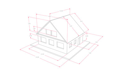 Technical drawing of the house with indicators of size, information,