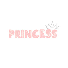 Vector illustration with hand drawn lettering - Princess. Colourful typography design in Scandinavian style for postcard, banner, t-shirt print, invitation, greeting card, poster