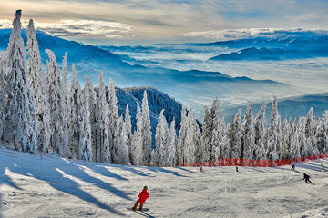 Poiana Brasov, Romania -16 January 2019: Skiers and snowboarders enjoy the ski slopes whit forest...