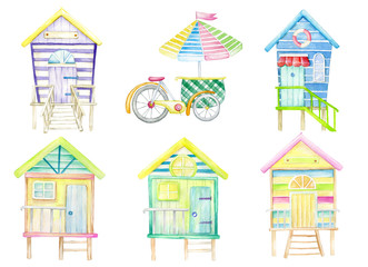 Watercolor set, beach houses and ice cream cart. Watercolor illustration, on an isolated background, on the theme of the beach and summer.
