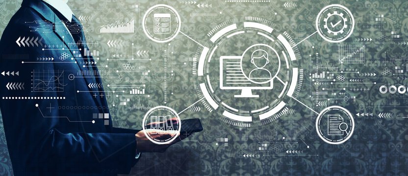 Document management system concept with businessman holding a tablet computer