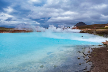 Big blue steaming lake, Geothermal area of Hverir, Iceland