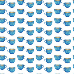 Seamless pattern of blue cups of coffee. Hand-drawn watercolor illustration. Hot drink background. Perfect for textile, menu, paper, holidays, cafes
