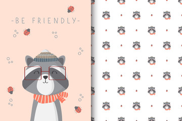 Cute racoon illustration with seamless pattern in the white backdrop © Maryam Hamila