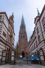 Clock tower of Schwerin Cathedral with fog