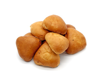Triangular baked pasties with filling. On white background