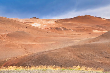Calm landscape, sunny in brown en bluw colors, Reykjahlíð, Iceland