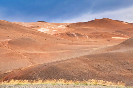 Calm landscape, sunny in brown en bluw colors, Reykjahl&iacute;&eth;, Iceland