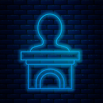 Glowing neon line Stage stand or debate podium rostrum icon isolated on brick wall background. Conference speech tribune. Vector Illustration