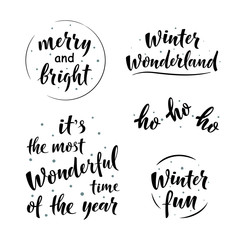 Set of Christmas decorations, Hand drawn simple lettering greeting sign. For card, t-shirt or mug print, poster, banner, sticker, decor. Photo overlay Winter Holidays vector. Winter wonderland