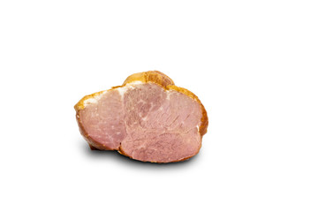 A piece of smoked ham on a white background. The concept of consuming cold meats with a meal.
