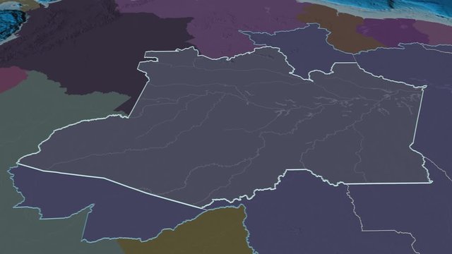 Amazonas, state with its capital, zoomed and extruded on the administrative map of Brazil in the conformal Stereographic projection. Animation 3D