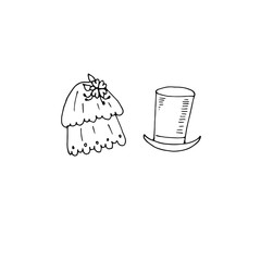 Cats wedding. Just married. Accessories of the bride and groom, wedding gifts. Lovely cats. Cute hand drawn stock vector illustration in doodle style.  