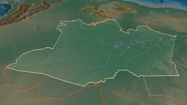 Amazonas, state with its capital, zoomed and extruded on the relief map of Brazil in the conformal Stereographic projection. Animation 3D