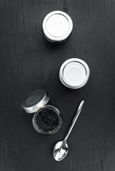 Some fresh Black Caviar (selective focus; close-up shot)