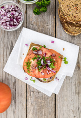 Some fresh Tomato Sandwich (selective focus; close-up shot)