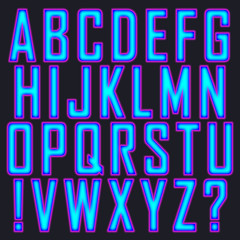 Raster set of capital letters of the Latin alphabet, exclamation and question marks. Neon pink - blue isolated letters on a dark blue background. Based on Agency  FB.