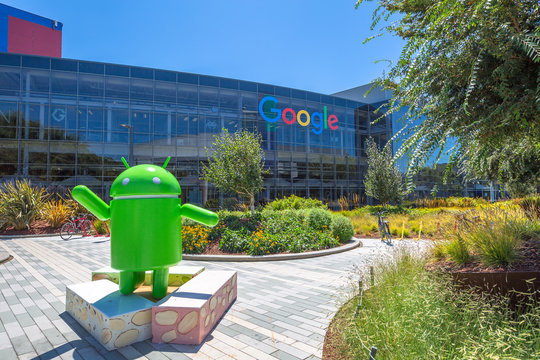 Mountain View, California, USA - August 15, 2016: Android Nougat replica in front of Google office in Google headquarters building.