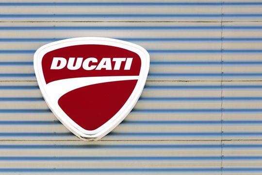 Lyon, France - July 3, 2016:  Ducati logo on a wall. Ducati is an Italian company that designs and manufactures motorcycles, headquartered in Bologna, Italy