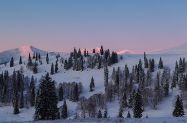 Arrière-plan abstrait, paysage naturel dans les montagnes Rodna, un matin d& 39 hiver très froid, avec des arbres et une route recouverte de neige fraîche