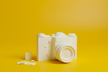 Vintage camera with battery and sd card on golden yellow background, 3d render