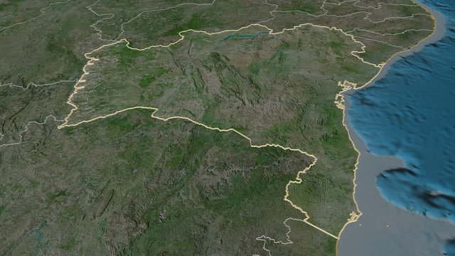 Bahia, state with its capital, zoomed and extruded on the satellite map of Brazil in the conformal Stereographic projection. Animation 3D