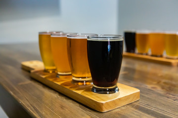 Flight of craft four of different beers glasses with black beer on a wooden tray. during a tasting session close up selective focus with copy space