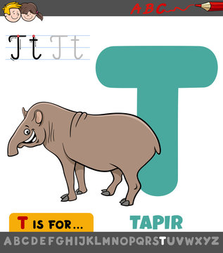 letter T educational worksheet with cartoon tapir animal